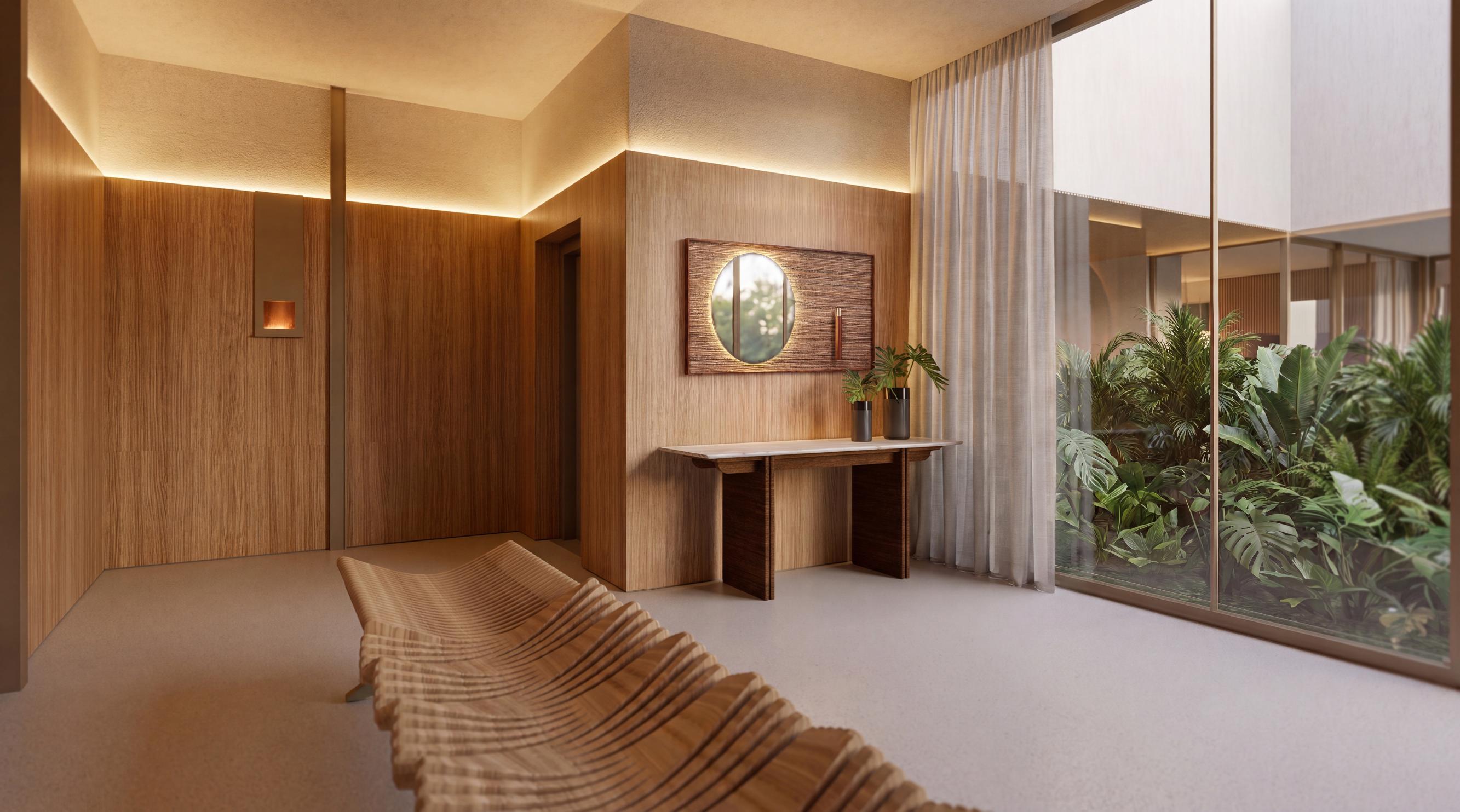 Lounge com marcenaria em madeira e vista para o jardim