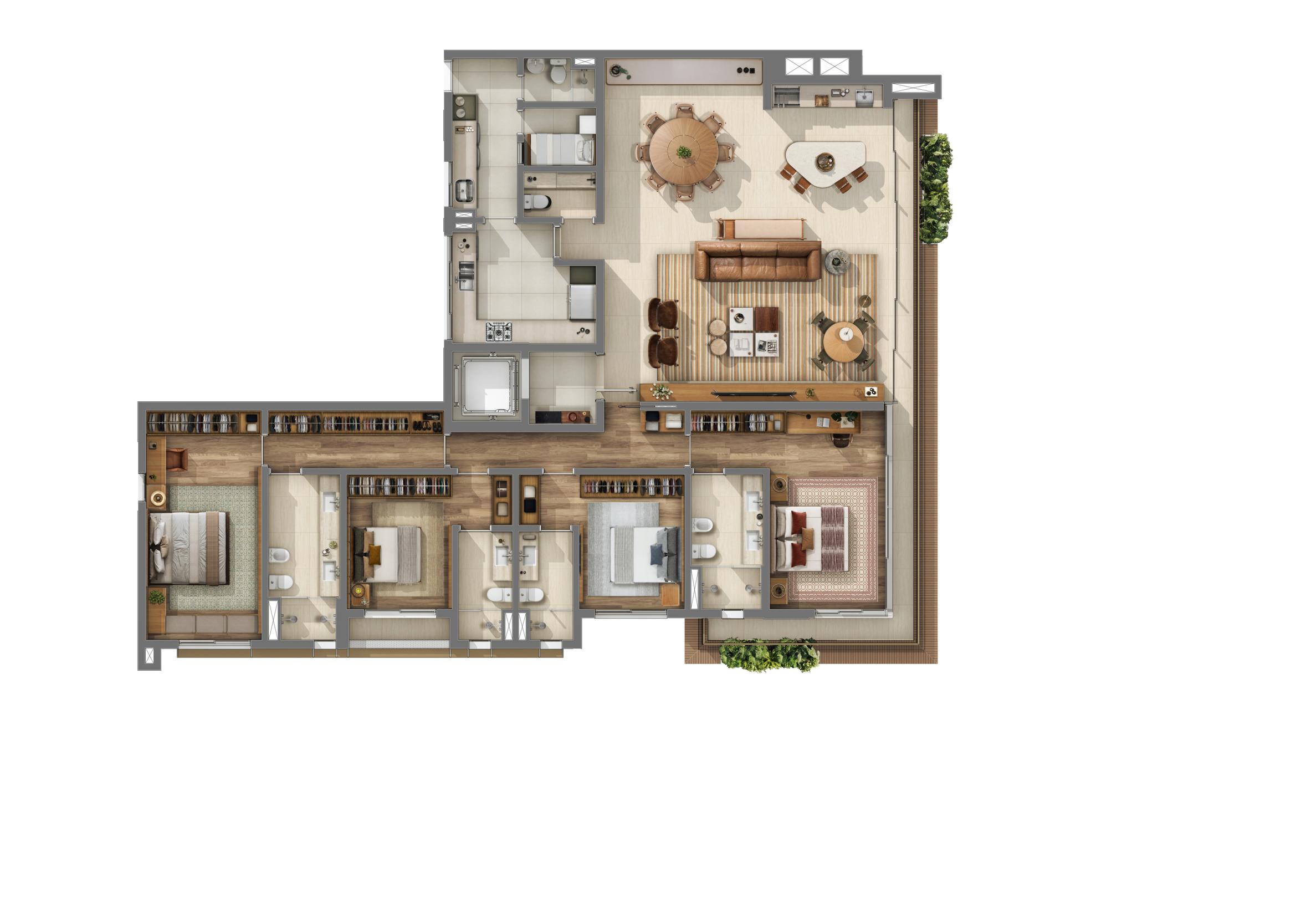 Planta de apartamento do Birdie a partir de 270 m² com 4 suítes