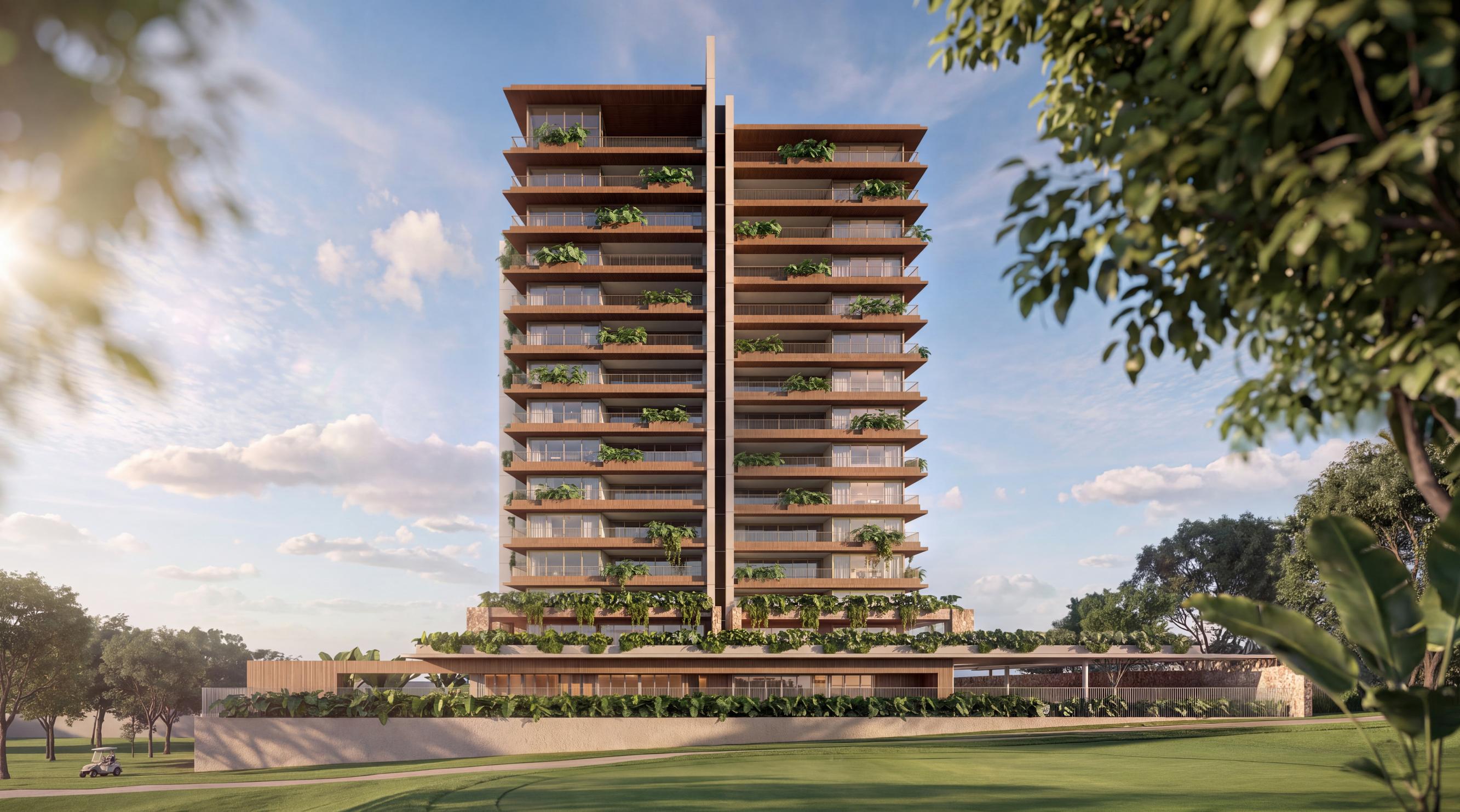 Fachada do Birdie, edifício de alto padrão com varandas ajardinadas voltadas ao campo de golfe