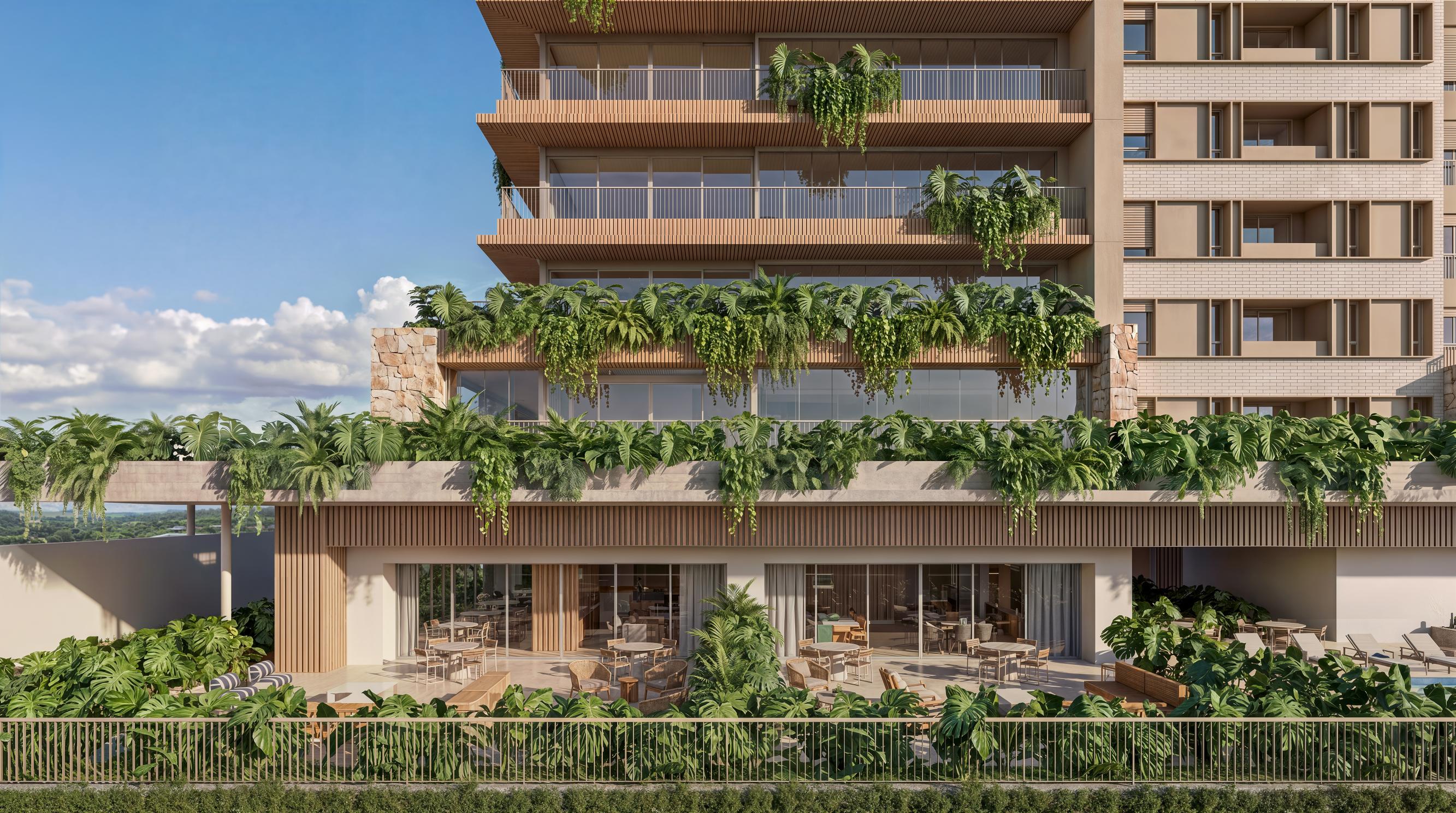 Fachada do Birdie com jardins verticais e terraço térreo